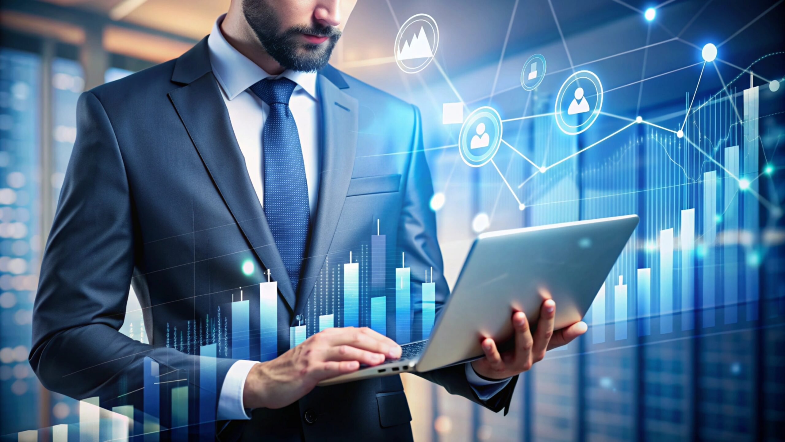 Businessman Using Laptop With Data Visualizations Charts 1 Scaled